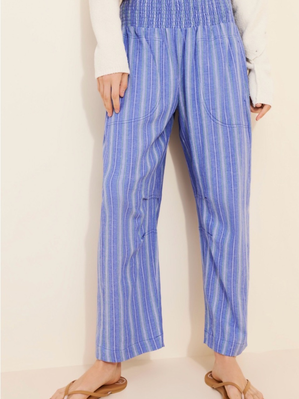 The Reese Smocked Pull-On Barrel Pants: Striped Linen Blend Edition size Medium